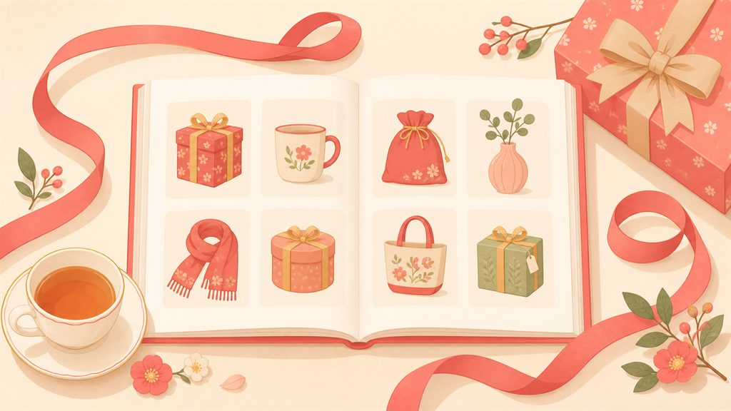 開いたカタログ冊子とギフト箱のイラスト